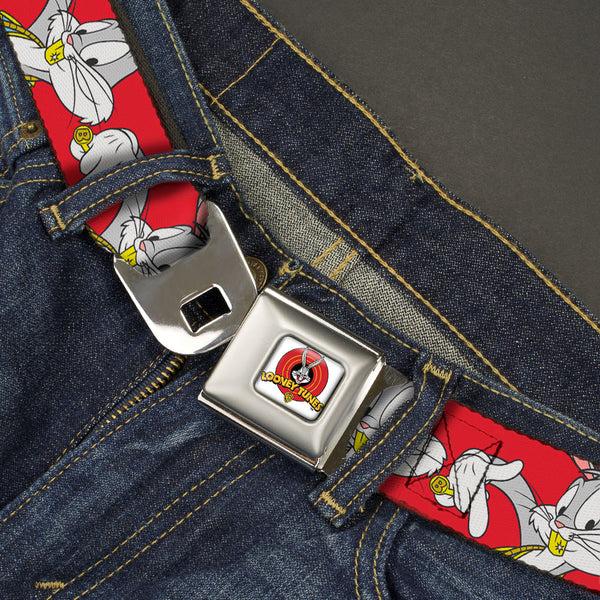 Buckle-Down Looney Tunes Logo Full Color White Seatbelt Belt - Bugs Bunny Hip Hop Pose Red Webbing