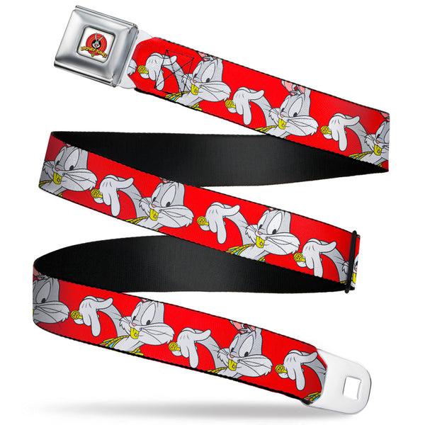 Buckle-Down Looney Tunes Logo Full Color White Seatbelt Belt - Bugs Bunny Hip Hop Pose Red Webbing