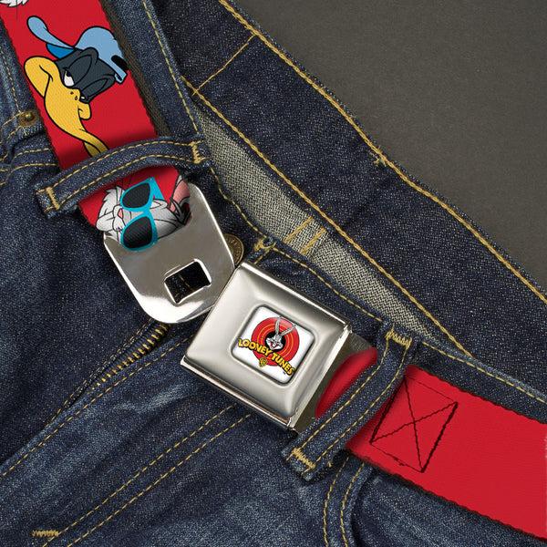 Buckle-Down Looney Tunes Logo Full Color White Seatbelt Belt - Bugs Bunny & Daffy Duck Hip Hop Expression Red Webbing