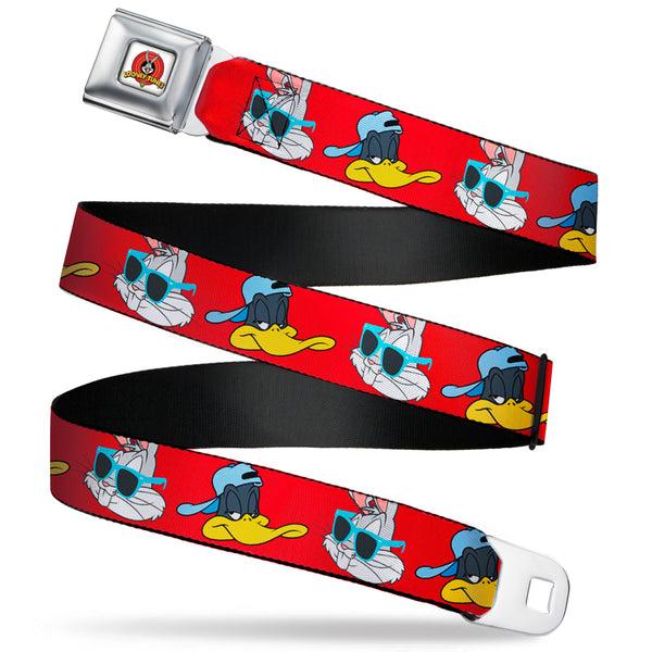 Buckle-Down Looney Tunes Logo Full Color White Seatbelt Belt - Bugs Bunny & Daffy Duck Hip Hop Expression Red Webbing