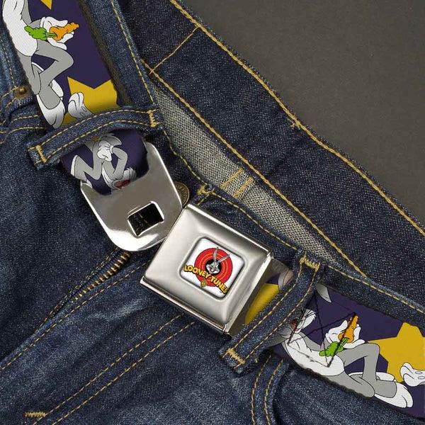 Buckle-Down Looney Tunes Logo Full Color White Seatbelt Belt - Bugs Bunny Poses/Stars Navy Webbing