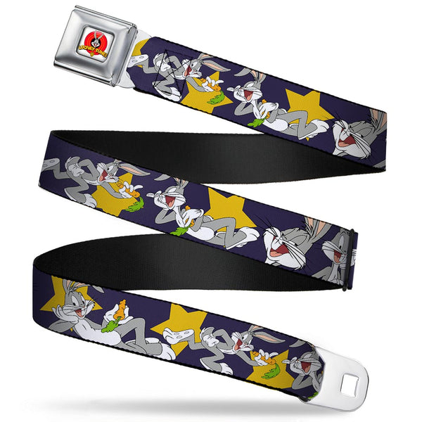 Buckle-Down Looney Tunes Logo Full Color White Seatbelt Belt - Bugs Bunny Poses/Stars Navy Webbing