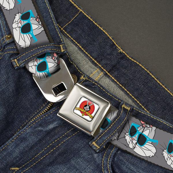 Buckle-Down Looney Tunes Logo Full Color White Seatbelt Belt - Bugs Bunny Sunglasses Expression Gray Webbing