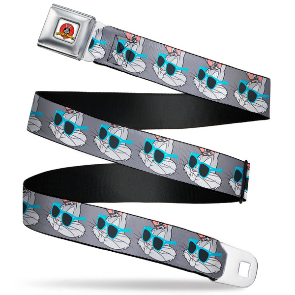 Buckle-Down Looney Tunes Logo Full Color White Seatbelt Belt - Bugs Bunny Sunglasses Expression Gray Webbing