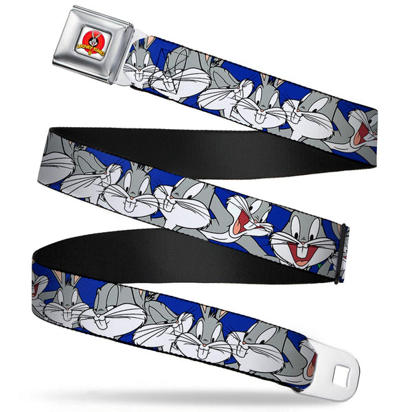 Buckle-Down Looney Tunes Logo Full Color White Seatbelt Belt - Bugs Bunny CLOSE-UP Poses Blue Webbing
