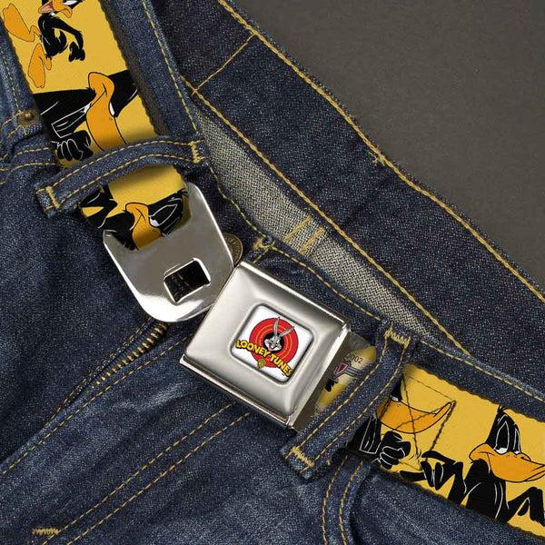 Buckle-Down Looney Tunes Logo Full Color White Seatbelt Belt - DAFFY DUCK W/Poses Yellow/Black Webbing