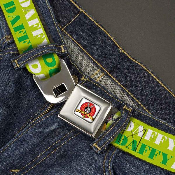 Buckle-Down Looney Tunes Logo Full Color White Seatbelt Belt - DAFFY DUCK W/Face CLOSE-UP Greens Webbing
