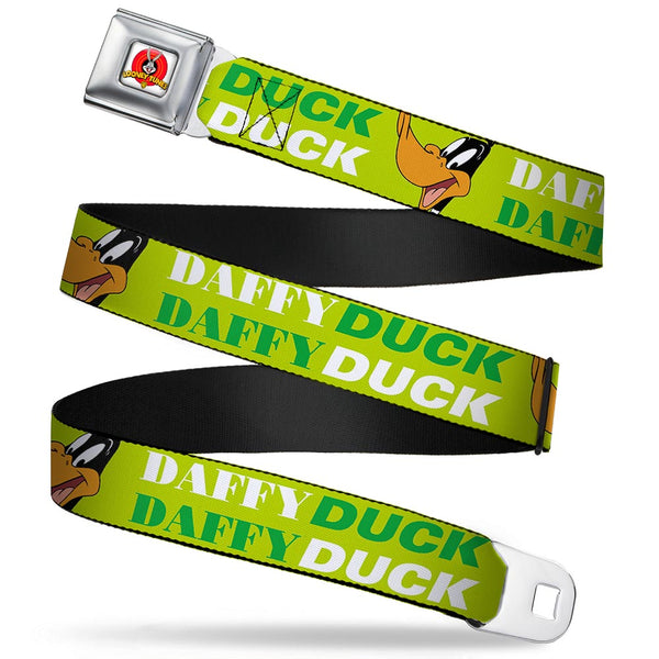 Buckle-Down Looney Tunes Logo Full Color White Seatbelt Belt - DAFFY DUCK w/Face CLOSE-UP Greens Webbing