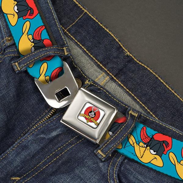 Buckle-Down Looney Tunes Logo Full Color White Seatbelt Belt - Daffy Duck Hip Hop Expression Turquoise Webbing