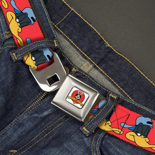 Buckle-Down Looney Tunes Logo Full Color White Seatbelt Belt - Daffy Duck Hip Hop Expression2 Red Webbing