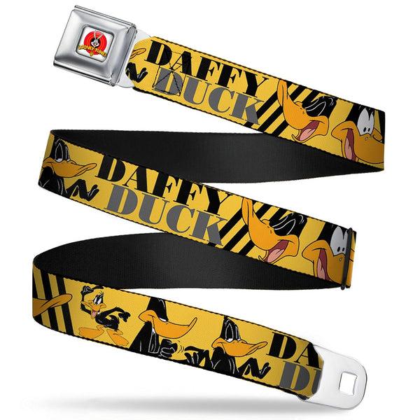 Buckle-Down Looney Tunes Logo Full Color White Seatbelt Belt - DAFFY DUCK w/Poses Yellow/Black Webbing