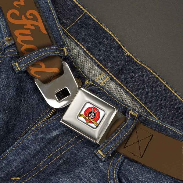 Buckle-Down Looney Tunes Logo Full Color White Seatbelt Belt - ELMER FUDD W/Poses Browns Webbing