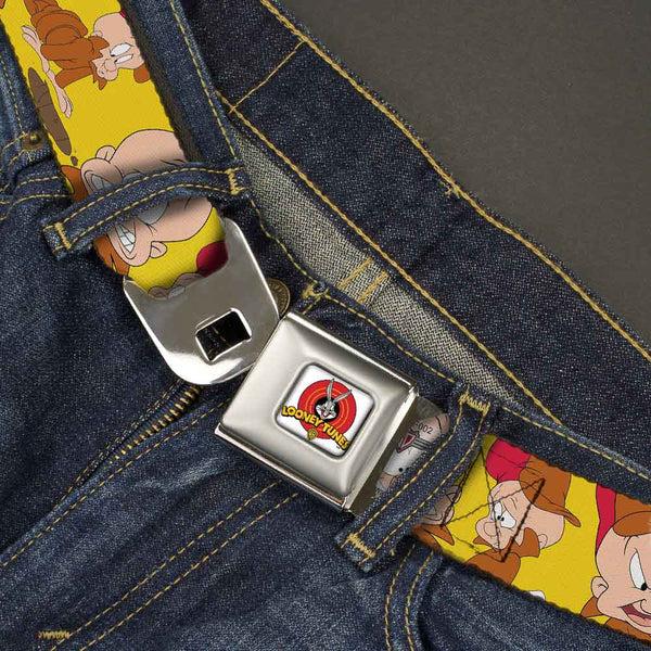 Buckle-Down Looney Tunes Logo Full Color White Seatbelt Belt - Elmer Fudd Expressions Yellow Webbing