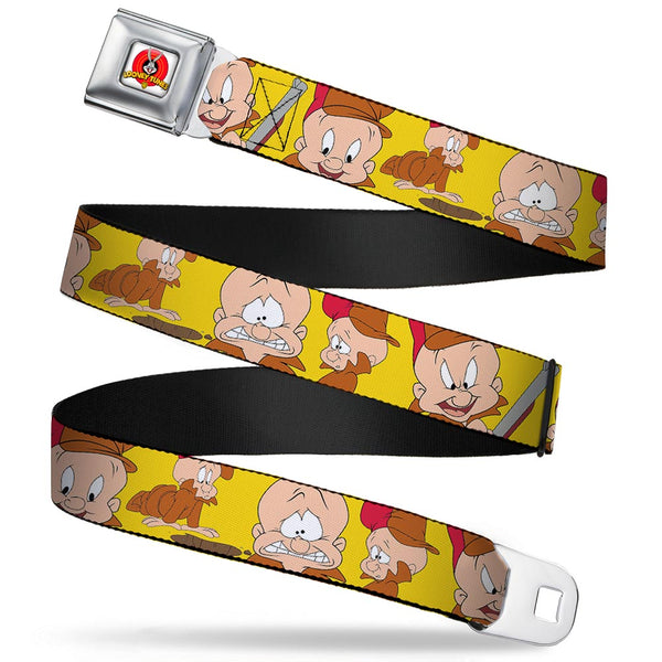 Buckle-Down Looney Tunes Logo Full Color White Seatbelt Belt - Elmer Fudd Expressions Yellow Webbing