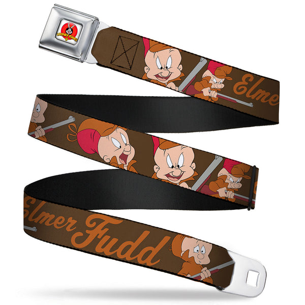 Buckle-Down Looney Tunes Logo Full Color White Seatbelt Belt - ELMER FUDD w/Poses Browns Webbing