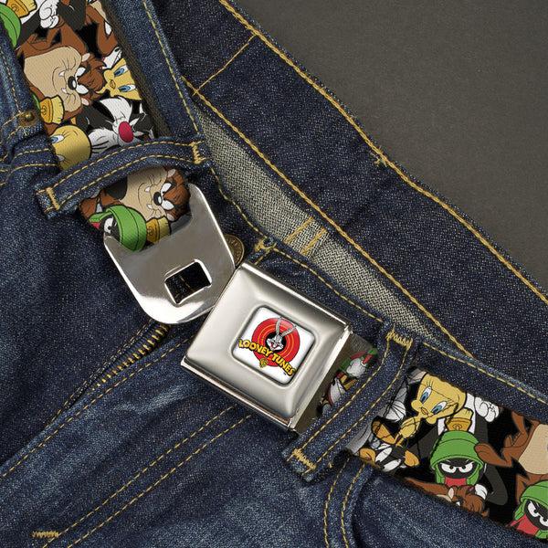 Buckle-Down Looney Tunes Logo Full Color White Seatbelt Belt - Looney Tunes 6-Character Stacked Collage4 Webbing