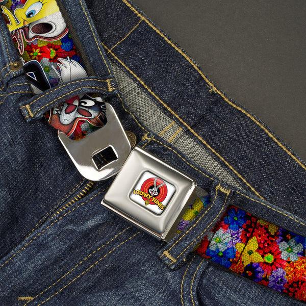 Buckle-Down Looney Tunes Logo Full Color White Seatbelt Belt - Looney Tunes 6-Anatomy Character Poses Black Webbing