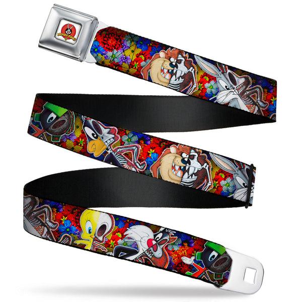 Buckle-Down Looney Tunes Logo Full Color White Seatbelt Belt - Looney Tunes 6-Anatomy Character Poses Black Webbing