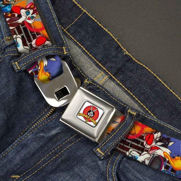 Buckle-Down Looney Tunes Logo Full Color White Seatbelt Belt - Looney Tunes 5-Airbrushed Character Poses/Brick Wall Webbing