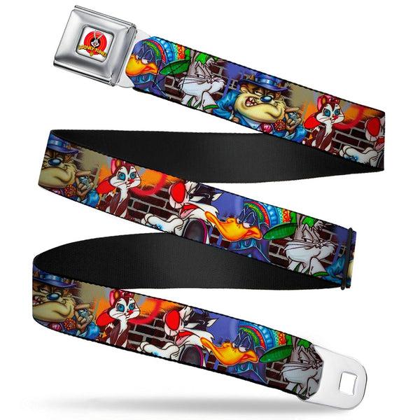 Buckle-Down Looney Tunes Logo Full Color White Seatbelt Belt - Looney Tunes 5-Airbrushed Character Poses/Brick Wall Webbing