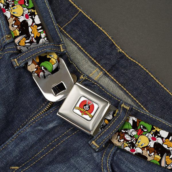 Buckle-Down Looney Tunes Logo Full Color White Seatbelt Belt - Looney Tunes 6-Character Stacked Collage3 Webbing