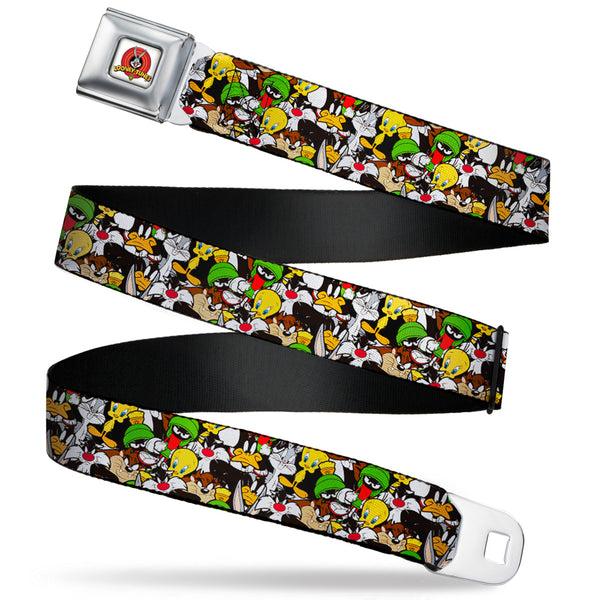 Buckle-Down Looney Tunes Logo Full Color White Seatbelt Belt - Looney Tunes 6-Character Stacked Collage3 Webbing