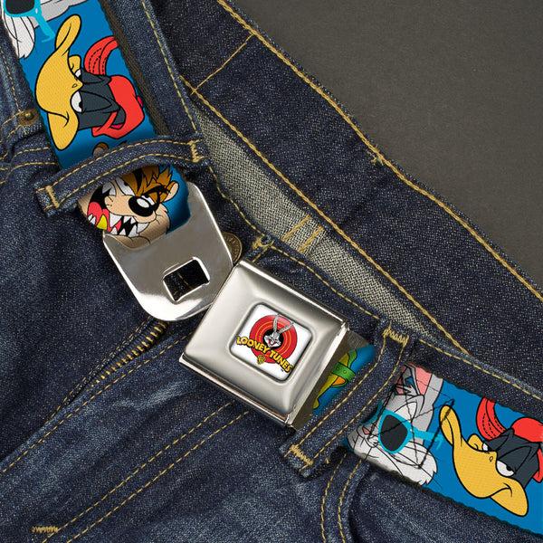 Buckle-Down Looney Tunes Logo Full Color White Seatbelt Belt - Looney Tunes 4-Hip Hop Expressions Blue Webbing