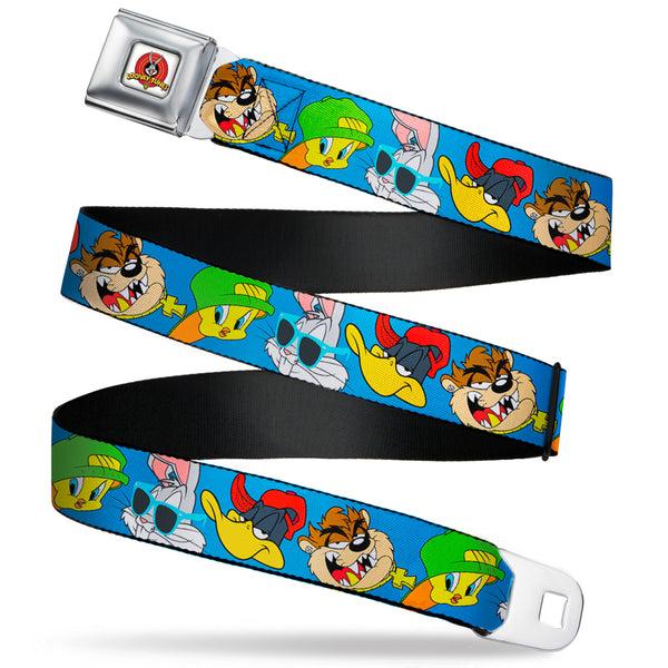 Buckle-Down Looney Tunes Logo Full Color White Seatbelt Belt - Looney Tunes 4-Hip Hop Expressions Blue Webbing
