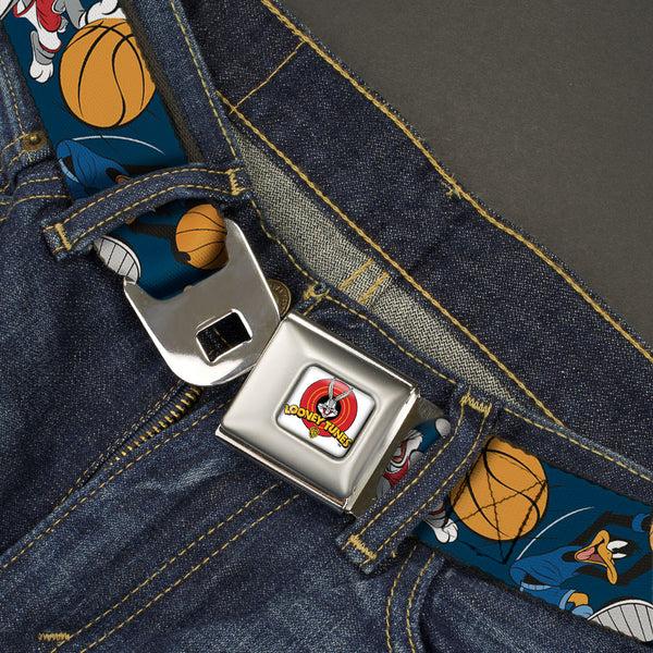 Buckle-Down Looney Tunes Logo Full Color White Seatbelt Belt - Looney Tunes Basketball 8-Player Action Poses Navy Webbing