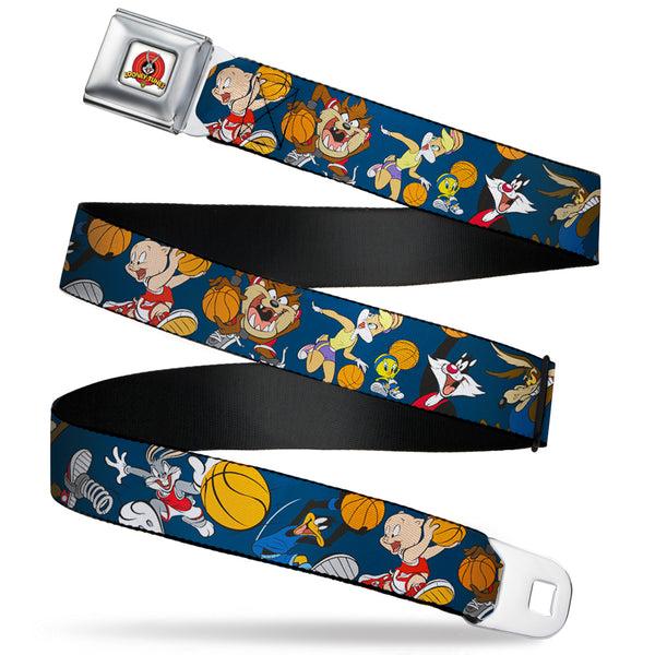 Buckle-Down Looney Tunes Logo Full Color White Seatbelt Belt - Looney Tunes Basketball 8-Player Action Poses Navy Webbing