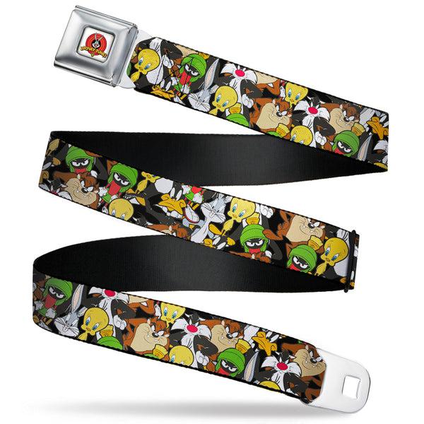Buckle-Down Looney Tunes Logo Full Color White Seatbelt Belt - Looney Tunes 6-Character Stacked Collage4 Webbing