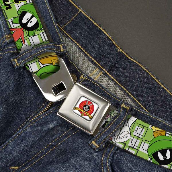 Buckle-Down Looney Tunes Logo Full Color White Seatbelt Belt - MARVIN THE MARTIAN W/Poses White/Green Webbing