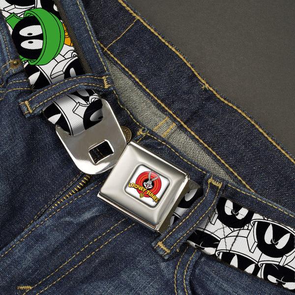 Buckle-Down Looney Tunes Logo Full Color White Seatbelt Belt - Marvin The Martian Expressions Stacked White/Black/Green/Gold Webbing
