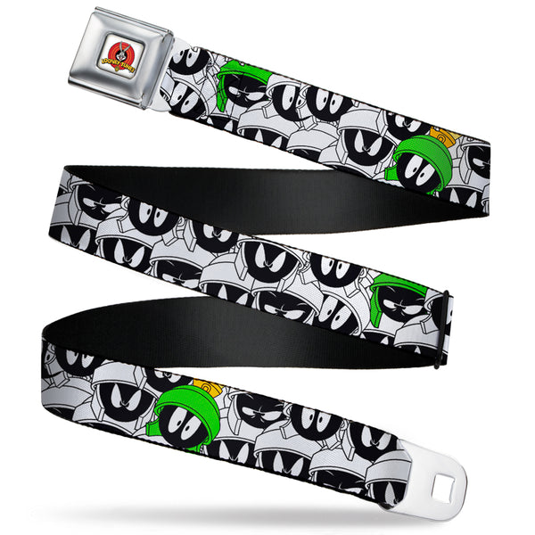 Buckle-Down Looney Tunes Logo Full Color White Seatbelt Belt - Marvin the Martian Expressions Stacked White/Black/Green/Gold Webbing