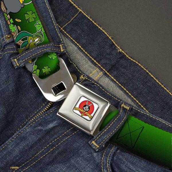 Buckle-Down Looney Tunes Logo Full Color White Seatbelt Belt - Marvin The Martian & K-9 Poses/Clovers Greens Webbing
