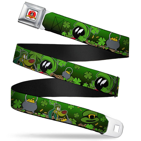 Buckle-Down Looney Tunes Logo Full Color White Seatbelt Belt - Marvin the Martian & K-9 Poses/Clovers Greens Webbing