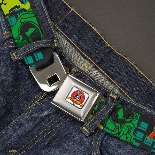 Buckle-Down Looney Tunes Logo Full Color White Seatbelt Belt - MARVIN THE MARTIAN W/Poses Black/Turquoise Webbing
