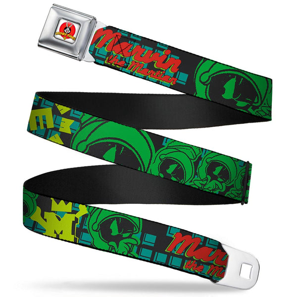 Buckle-Down Looney Tunes Logo Full Color White Seatbelt Belt - MARVIN THE MARTIAN w/Poses Black/Turquoise Webbing