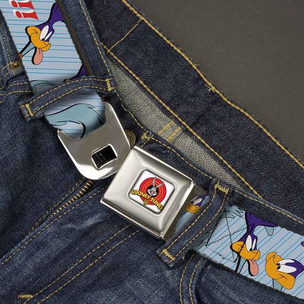 Buckle-Down Looney Tunes Logo Full Color White Seatbelt Belt - MEEP MEEP W/Road Runner Poses Baby Blue Webbing