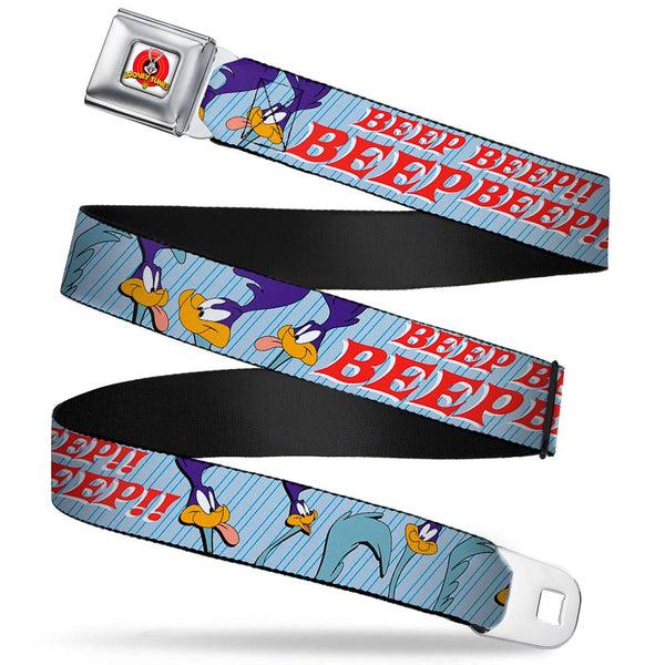 Buckle-Down Looney Tunes Logo Full Color White Seatbelt Belt - MEEP MEEP w/Road Runner Poses Baby Blue Webbing
