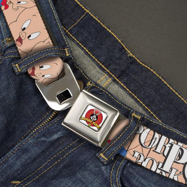 Buckle-Down Looney Tunes Logo Full Color White Seatbelt Belt - PORKY PIG W/Poses Pink Webbing