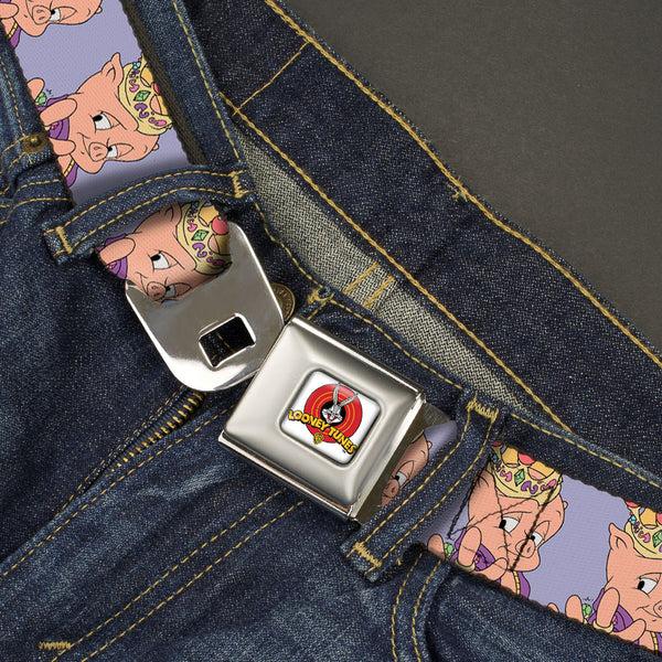 Buckle-Down Looney Tunes Logo Full Color White Seatbelt Belt - Porky Pig Hip Hop Expression Lavender Webbing