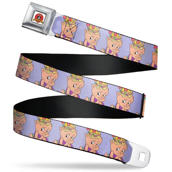 Buckle-Down Looney Tunes Logo Full Color White Seatbelt Belt - Porky Pig Hip Hop Expression Lavender Webbing