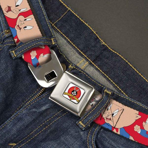Buckle-Down Looney Tunes Logo Full Color White Seatbelt Belt - Porky Pig Expressions Red Webbing