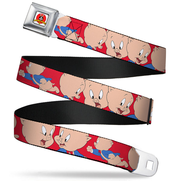Buckle-Down Looney Tunes Logo Full Color White Seatbelt Belt - Porky Pig Expressions Red Webbing