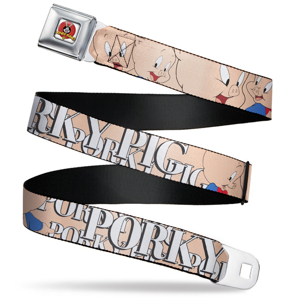 Buckle-Down Looney Tunes Logo Full Color White Seatbelt Belt - PORKY PIG w/Poses Pink Webbing