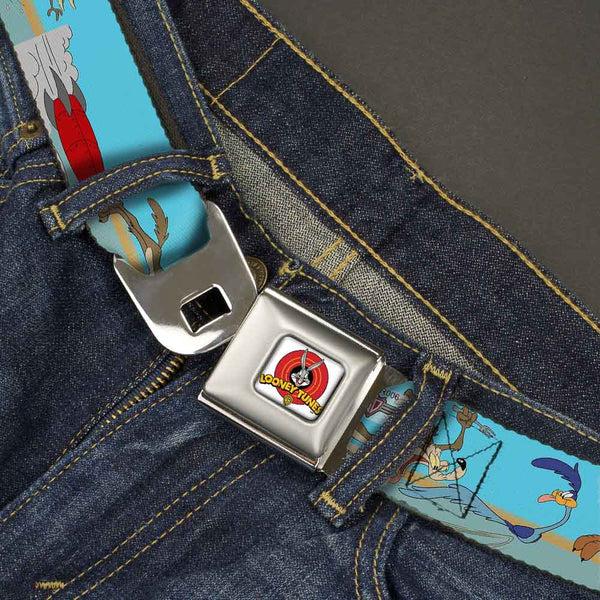Buckle-Down Looney Tunes Logo Full Color White Seatbelt Belt - Road Runner/Wile E. Coyote Scene2 Desert Webbing