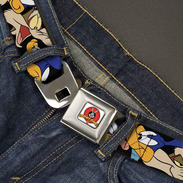 Buckle-Down Looney Tunes Logo Full Color White Seatbelt Belt - Road Runner/Wile E. Coyote Expressions Stacked Black Webbing