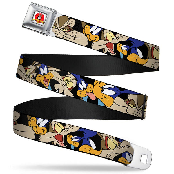 Buckle-Down Looney Tunes Logo Full Color White Seatbelt Belt - Road Runner/Wile E. Coyote Expressions Stacked Black Webbing