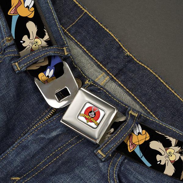 Buckle-Down Looney Tunes Logo Full Color White Seatbelt Belt - Road Runner/Wile E. Coyote Expressions CLOSE-UP Black Webbing